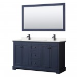 Avery 60" Double Vanity in Dark Blue, Carrara Marble Top, Black Trim, 58" Mirror