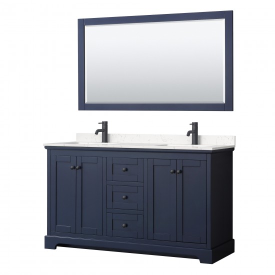 Avery 60" Double Vanity in Dark Blue, Carrara Marble Top, Black Trim, 58" Mirror