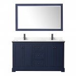 Avery 60" Double Vanity in Dark Blue, Carrara Marble Top, Black Trim, 58" Mirror