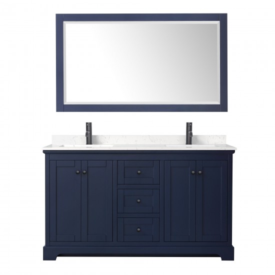 Avery 60" Double Vanity in Dark Blue, Carrara Marble Top, Black Trim, 58" Mirror