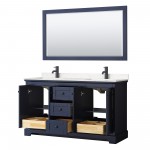 Avery 60" Double Vanity in Dark Blue, Carrara Marble Top, Black Trim, 58" Mirror
