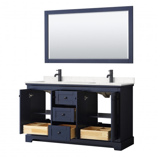 Avery 60" Double Vanity in Dark Blue, Carrara Marble Top, Black Trim, 58" Mirror