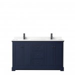 Avery 60" Double Vanity in Dark Blue, Carrara Cultured Marble Top, Black Trim