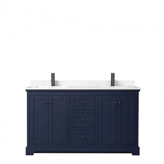 Avery 60" Double Vanity in Dark Blue, Carrara Cultured Marble Top, Black Trim