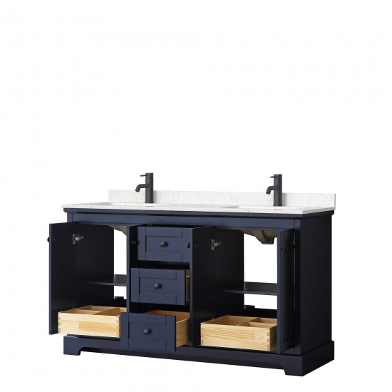 Avery 60" Double Vanity in Dark Blue, Carrara Cultured Marble Top, Black Trim