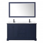 Avery 60" Double Vanity in Dark Blue, White Marble Top, Black Trim, 58" Mirror