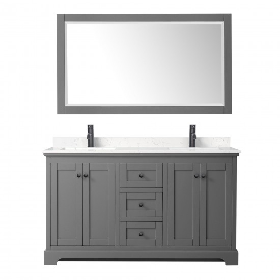 Avery 60" Double Vanity in Dark Gray, Carrara Marble Top, Black Trim, 58" Mirror