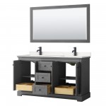 Avery 60" Double Vanity in Dark Gray, Carrara Marble Top, Black Trim, 58" Mirror