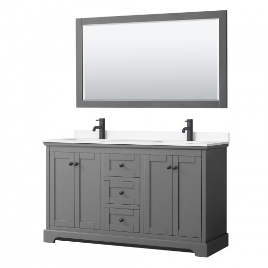 Avery 60" Double Vanity in Dark Gray, White Marble Top, Black Trim, 58" Mirror