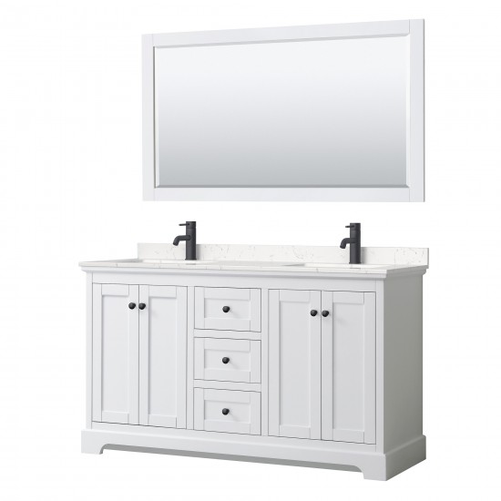 Avery 60" Double Vanity in White, Carrara Marble Top, Black Trim, 58" Mirror