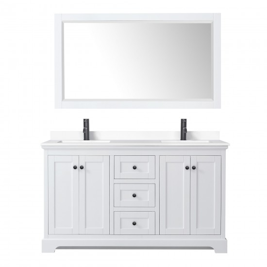 Avery 60" Double Vanity in White, White Marble Top, Black Trim, 58" Mirror