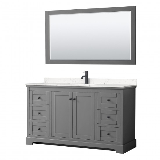 Avery 60" Single Vanity in Dark Gray, Carrara Marble Top, Black Trim, 58" Mirror