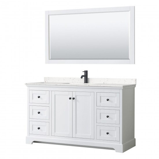 Avery 60" Single Vanity in White, Carrara Marble Top, Black Trim, 58" Mirror