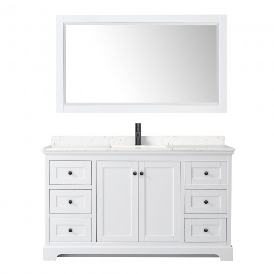 Avery 60" Single Vanity in White, Carrara Marble Top, Black Trim, 58" Mirror