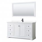 Avery 60" Single Vanity in White, White Marble Top, Black Trim, 58" Mirror