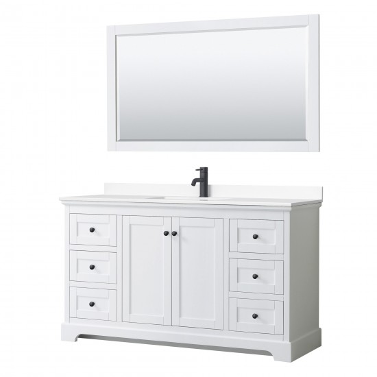 Avery 60" Single Vanity in White, White Marble Top, Black Trim, 58" Mirror