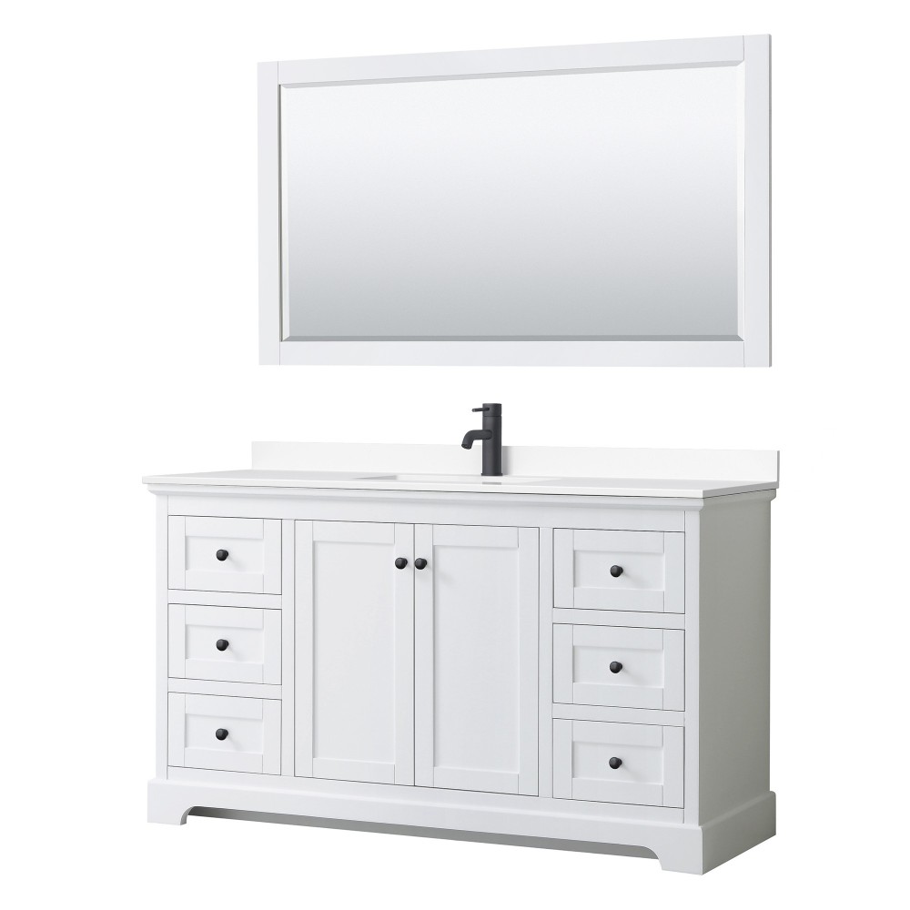 Avery 60" Single Vanity in White, White Marble Top, Black Trim, 58" Mirror