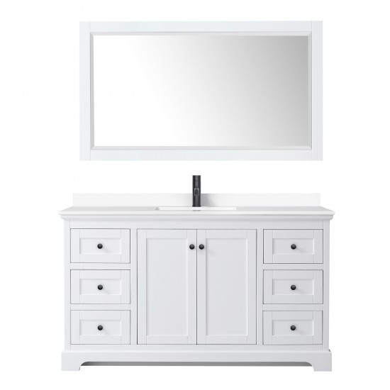 Avery 60" Single Vanity in White, White Marble Top, Black Trim, 58" Mirror