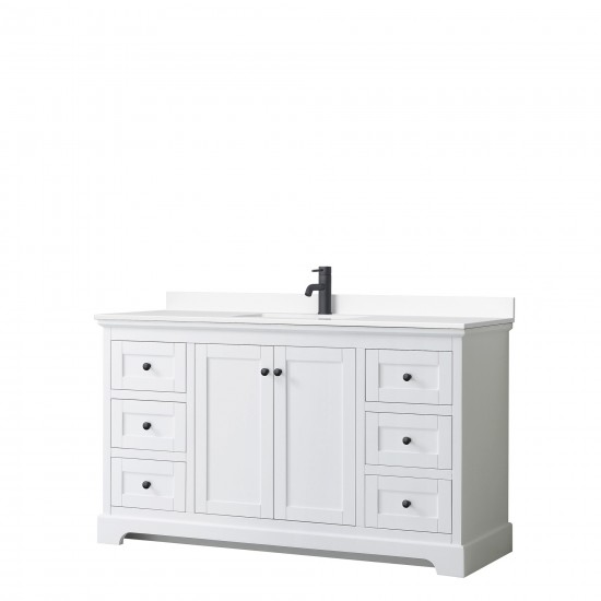 Avery 60" Single Vanity in White, White Cultured Marble Top, Black Trim