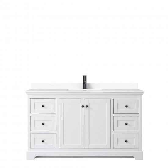 Avery 60" Single Vanity in White, White Cultured Marble Top, Black Trim