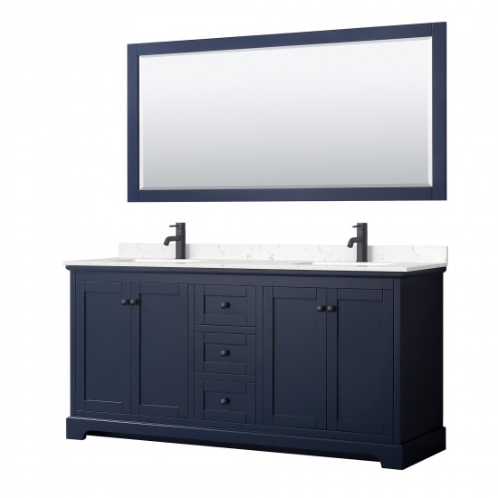 Avery 72" Double Vanity in Dark Blue, Carrara Marble Top, Black Trim, 70" Mirror