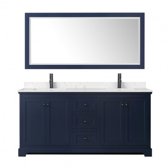 Avery 72" Double Vanity in Dark Blue, Carrara Marble Top, Black Trim, 70" Mirror