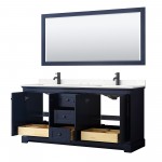 Avery 72" Double Vanity in Dark Blue, Carrara Marble Top, Black Trim, 70" Mirror