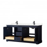 Avery 72" Double Vanity in Dark Blue, Carrara Cultured Marble Top, Black Trim