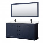 Avery 72" Double Vanity in Dark Blue, White Marble Top, Black Trim, 70" Mirror