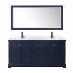 Avery 72" Double Vanity in Dark Blue, White Marble Top, Black Trim, 70" Mirror