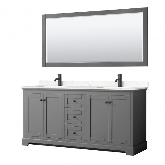 Avery 72" Double Vanity in Dark Gray, Carrara Marble Top, Black Trim, 70" Mirror