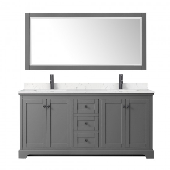 Avery 72" Double Vanity in Dark Gray, Carrara Marble Top, Black Trim, 70" Mirror