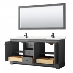 Avery 72" Double Vanity in Dark Gray, Carrara Marble Top, Black Trim, 70" Mirror