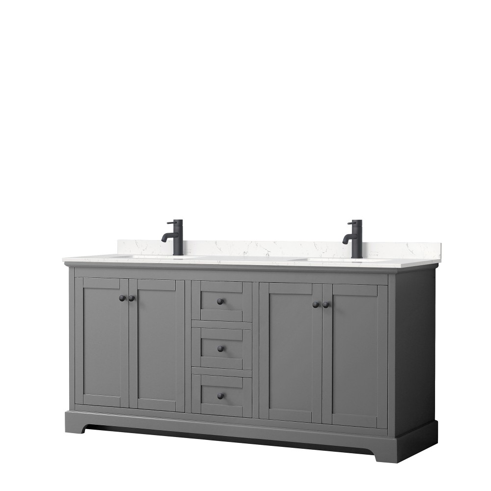 Avery 72" Double Vanity in Dark Gray, Carrara Cultured Marble Top, Black Trim