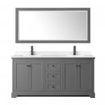 Avery 72" Double Vanity in Dark Gray, White Marble Top, Black Trim, 70" Mirror