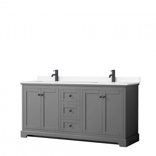 Avery 72" Double Vanity in Dark Gray, White Cultured Marble Top, Black Trim