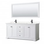 Avery 72" Double Vanity in White, Carrara Marble Top, Black Trim, 70" Mirror