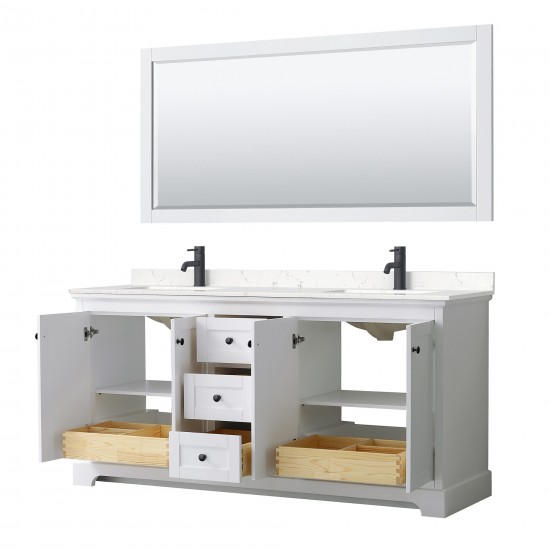 Avery 72" Double Vanity in White, Carrara Marble Top, Black Trim, 70" Mirror