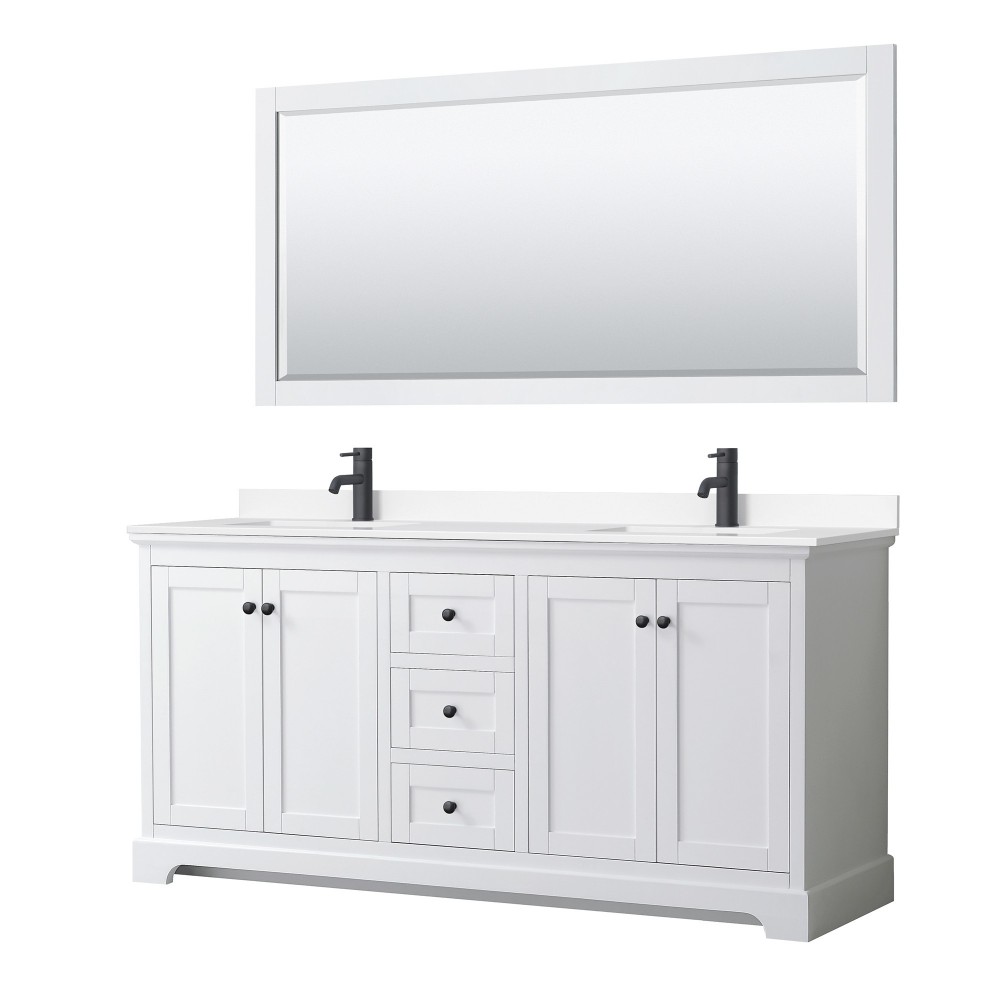 Avery 72" Double Vanity in White, White Marble Top, Black Trim, 70" Mirror