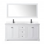 Avery 72" Double Vanity in White, White Marble Top, Black Trim, 70" Mirror