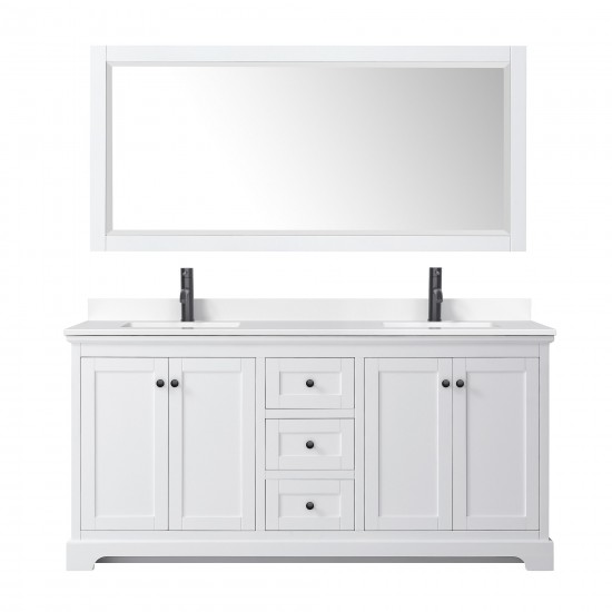 Avery 72" Double Vanity in White, White Marble Top, Black Trim, 70" Mirror