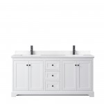 Avery 72" Double Vanity in White, White Cultured Marble Top, Black Trim