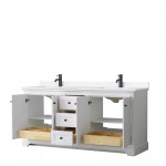 Avery 72" Double Vanity in White, White Cultured Marble Top, Black Trim