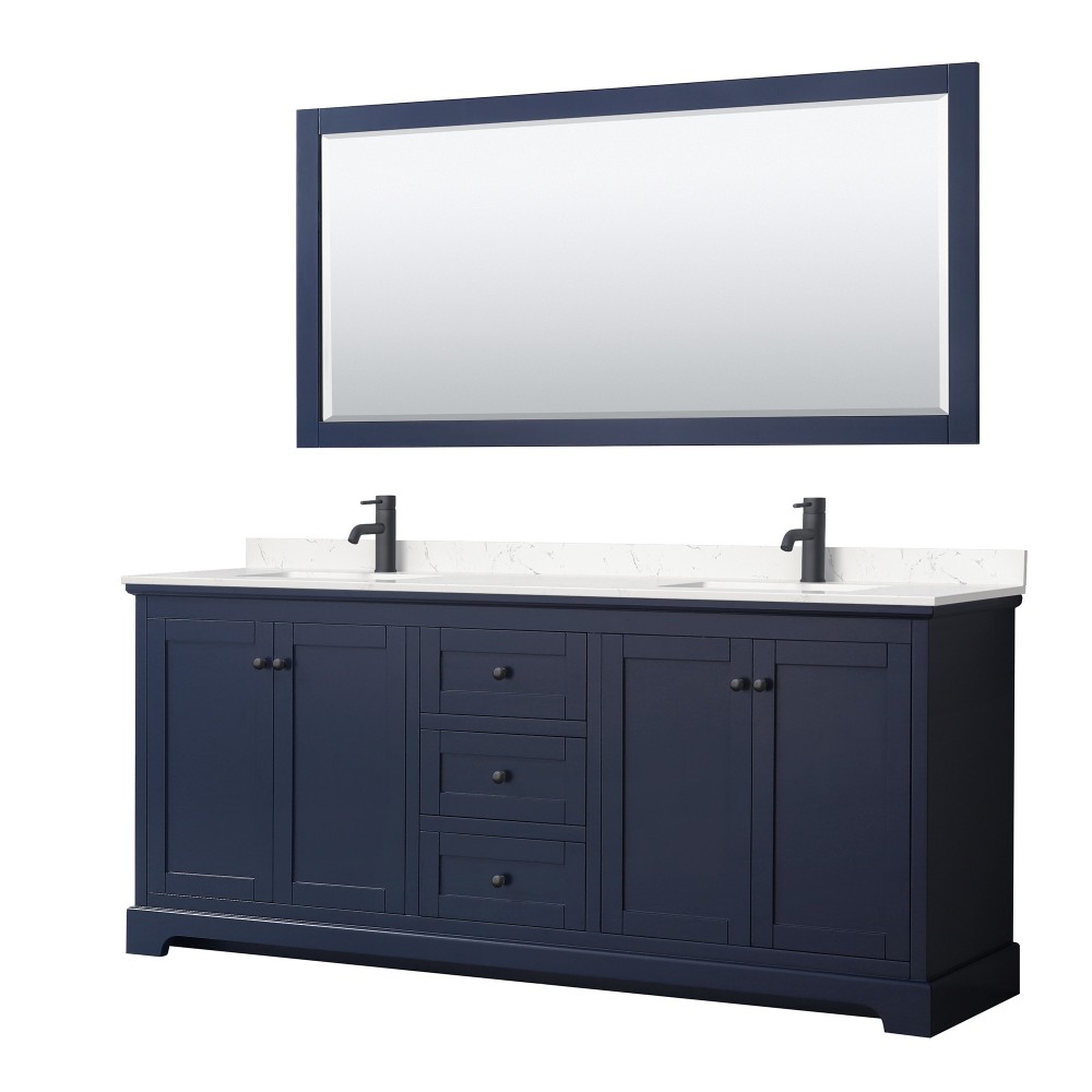 Avery 80" Double Vanity in Dark Blue, Carrara Marble Top, Black Trim, 70" Mirror