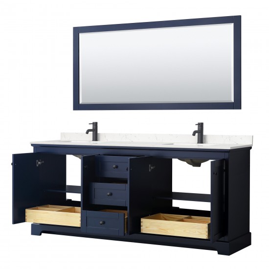 Avery 80" Double Vanity in Dark Blue, Carrara Marble Top, Black Trim, 70" Mirror