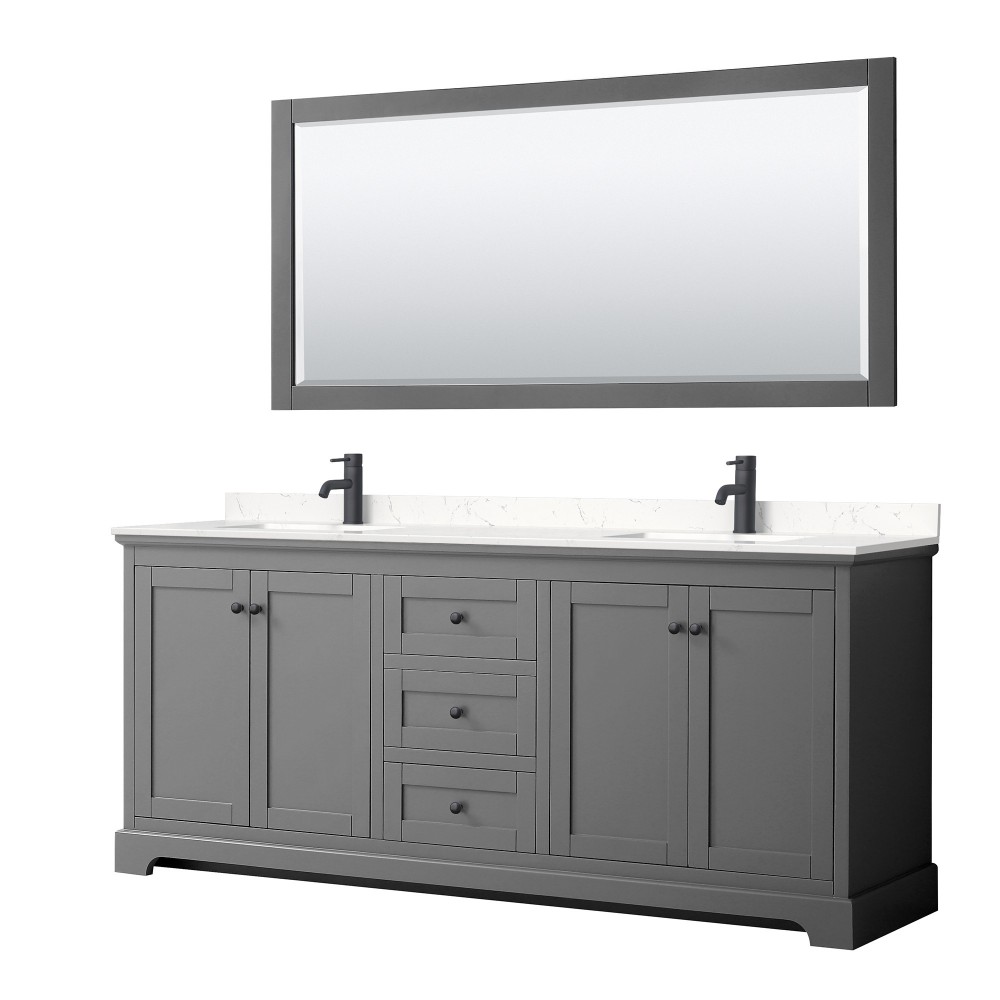 Avery 80" Double Vanity in Dark Gray, Carrara Marble Top, Black Trim, 70" Mirror