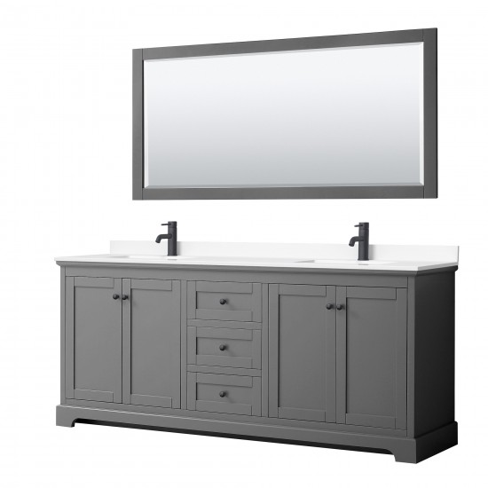 Avery 80" Double Vanity in Dark Gray, White Marble Top, Black Trim, 70" Mirror