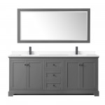 Avery 80" Double Vanity in Dark Gray, White Marble Top, Black Trim, 70" Mirror