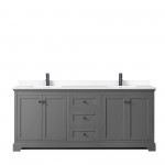 Avery 80" Double Vanity in Dark Gray, White Cultured Marble Top, Black Trim