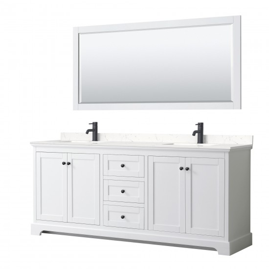 Avery 80" Double Vanity in White, Carrara Marble Top, Black Trim, 70" Mirror